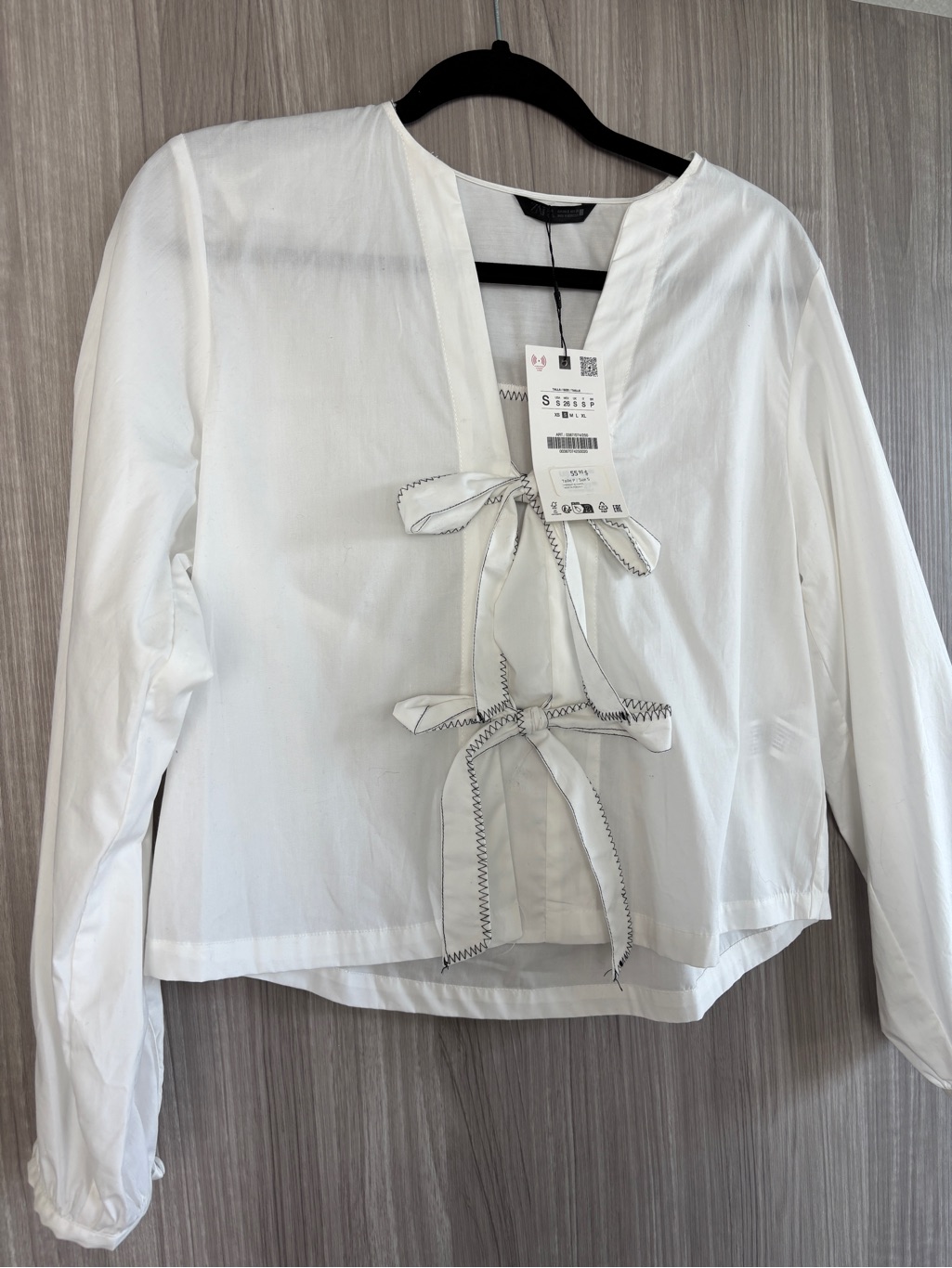 Zara Poplin White Tie-Front Long Sleeve Women's Top